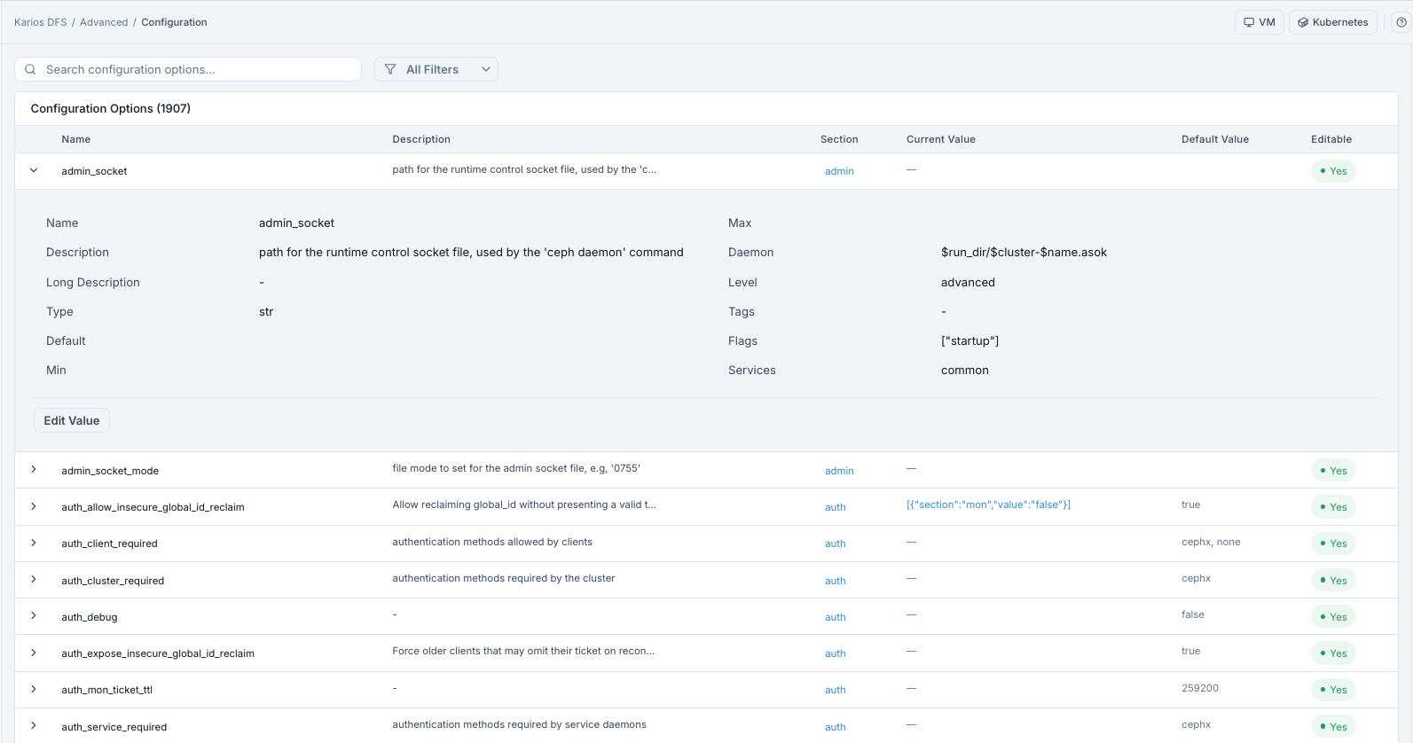 Advanced configuration dashboard with parameter list and filters