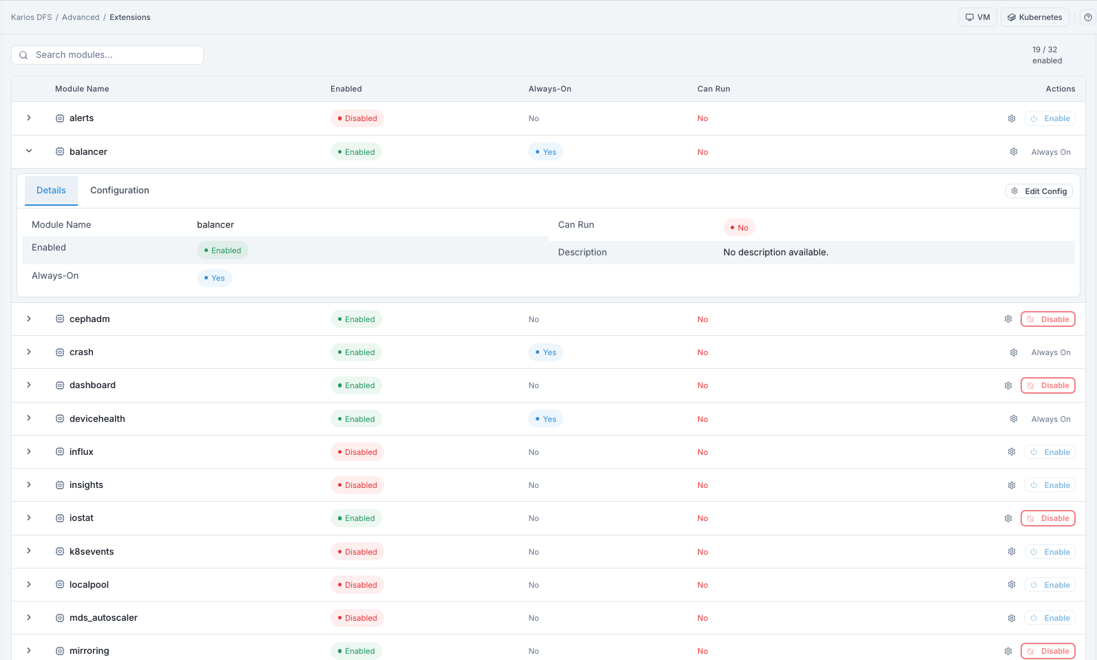 Advanced extensions dashboard with module states and details