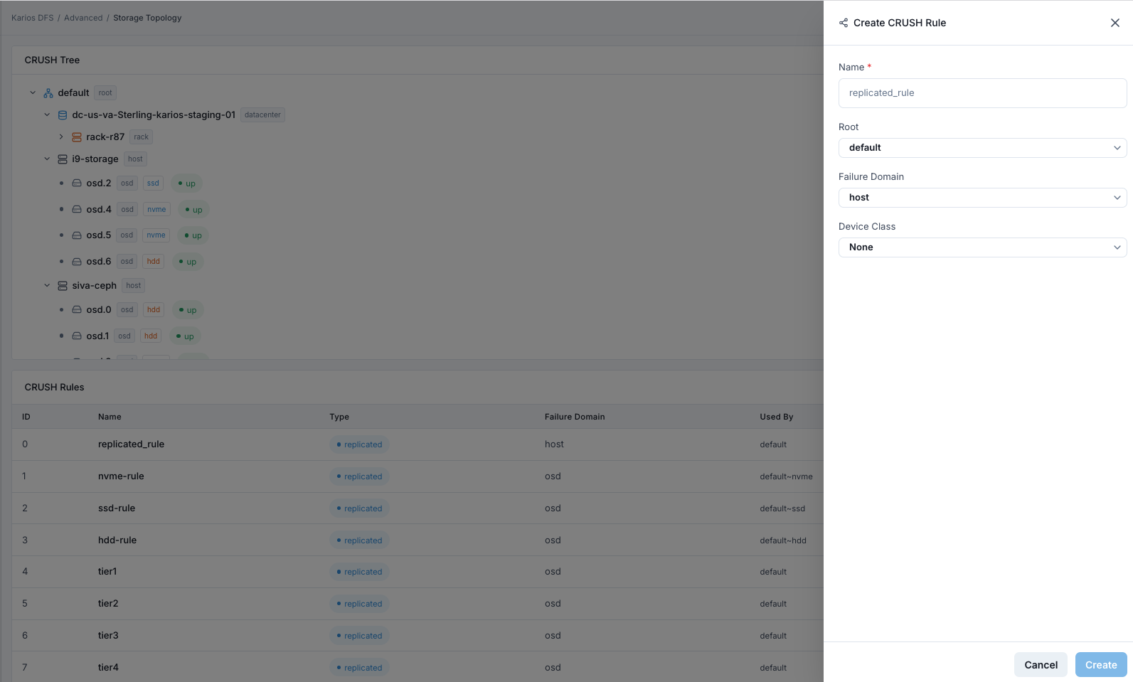 Create CRUSH rule panel in advanced storage topology