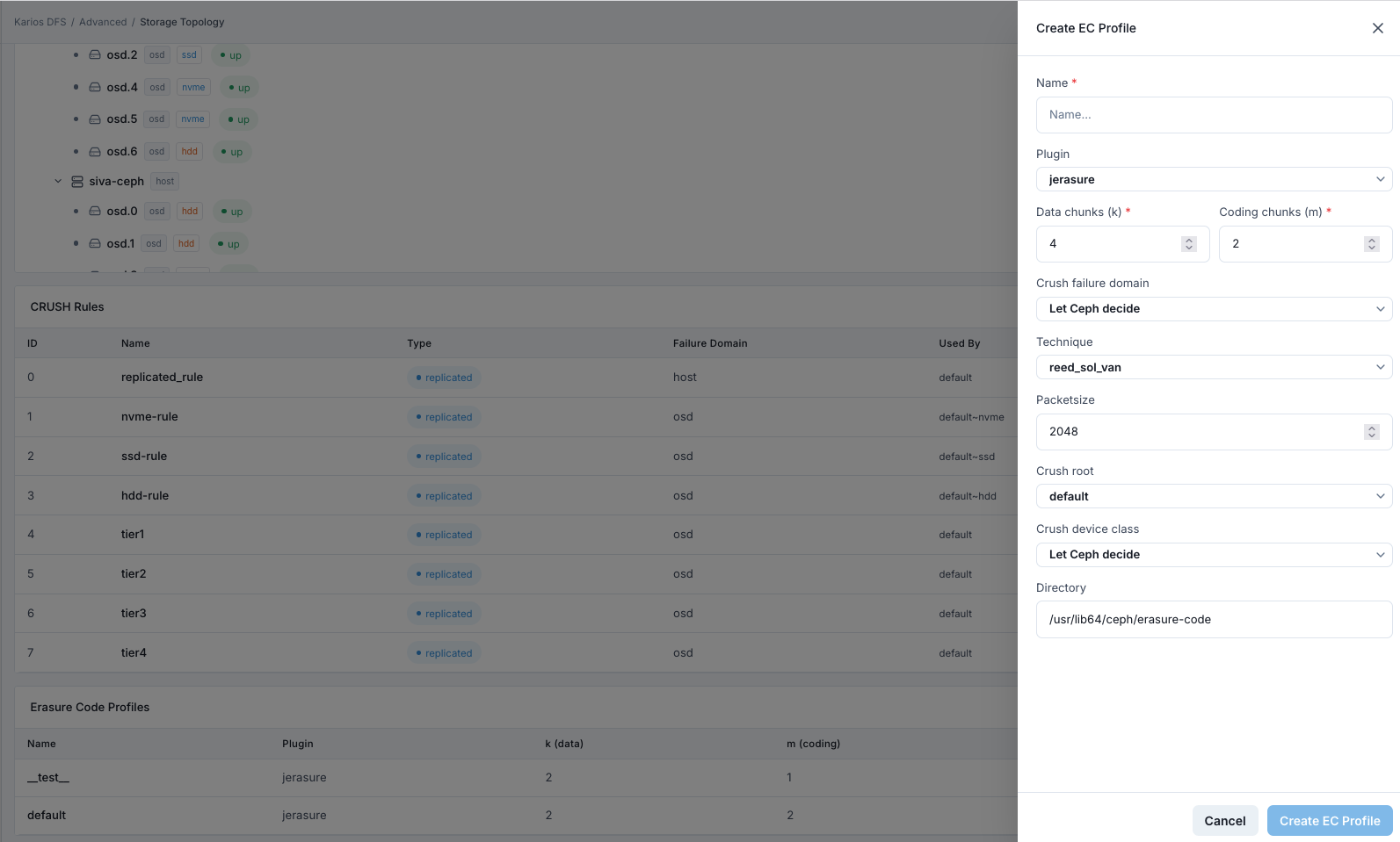 Create erasure code profile panel in advanced storage topology