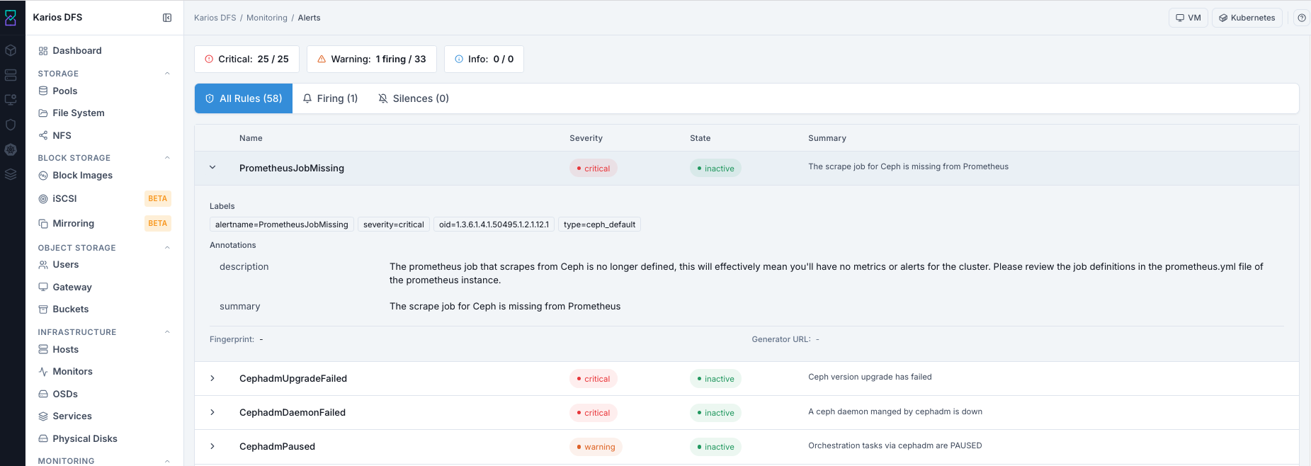 Monitoring alerts all rules tab