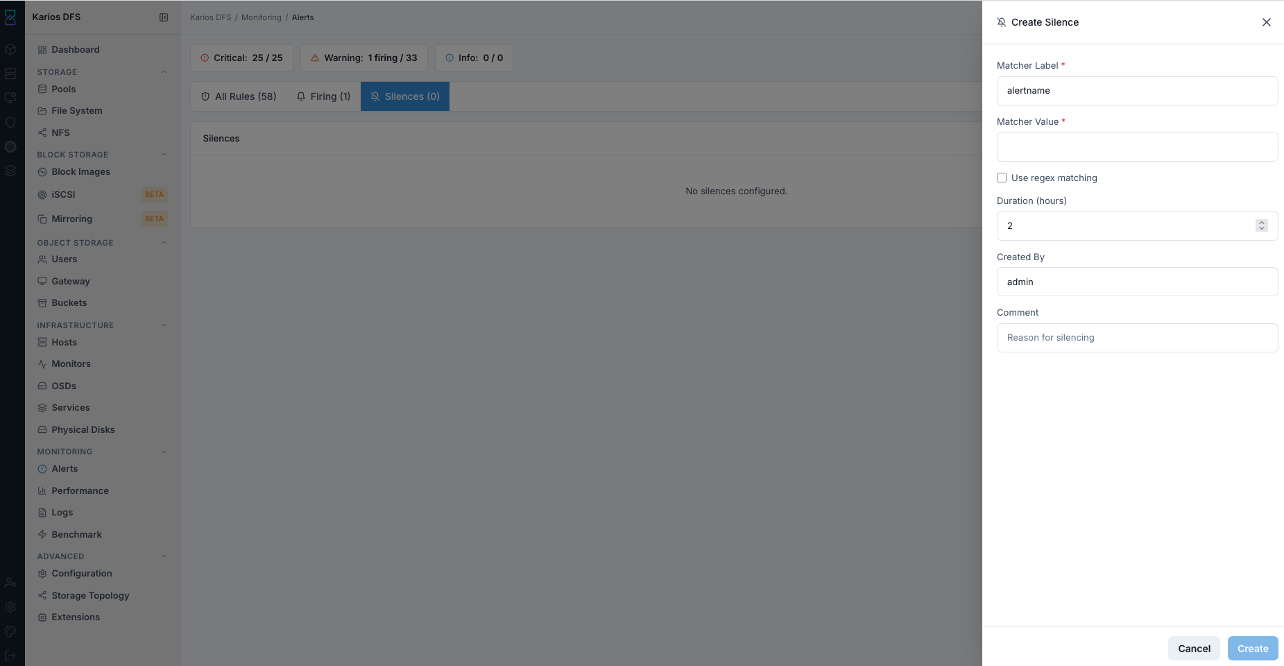 Monitoring alerts create silence panel