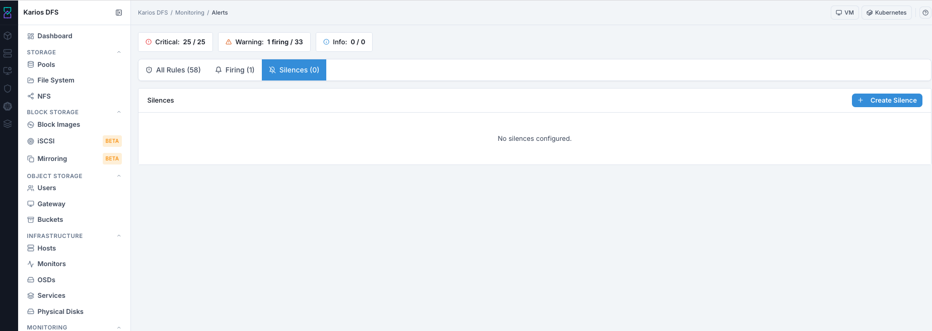 Monitoring alerts silences tab