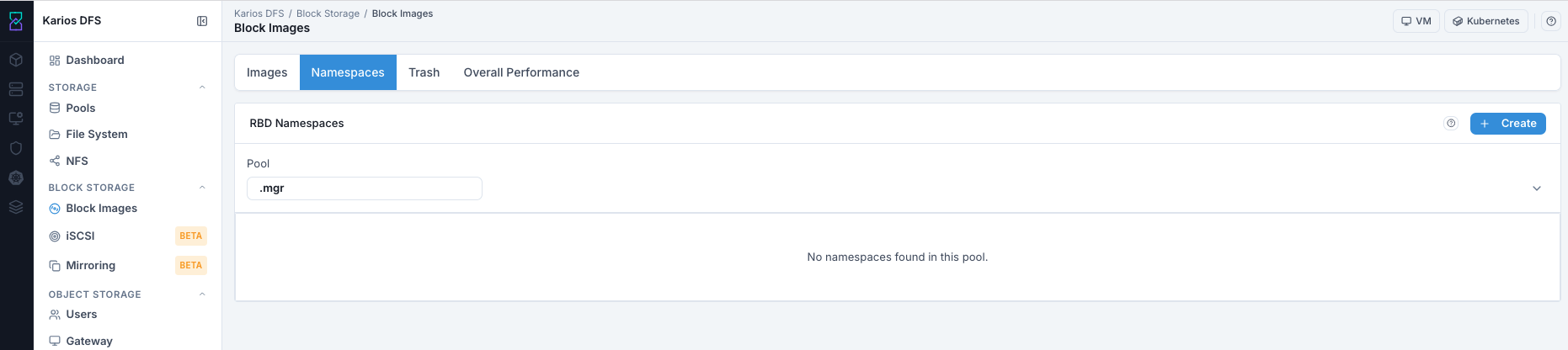 Block Images Namespaces tab with pool selector and create button