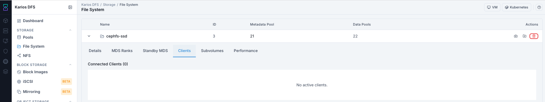 File System clients tab