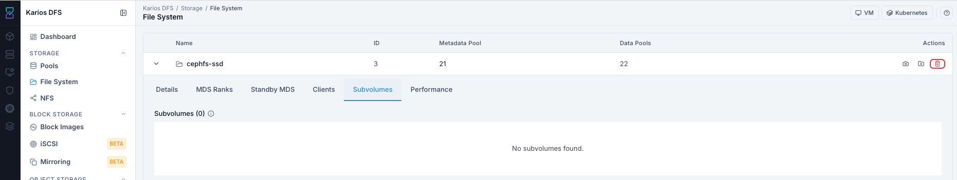 File System subvolumes tab