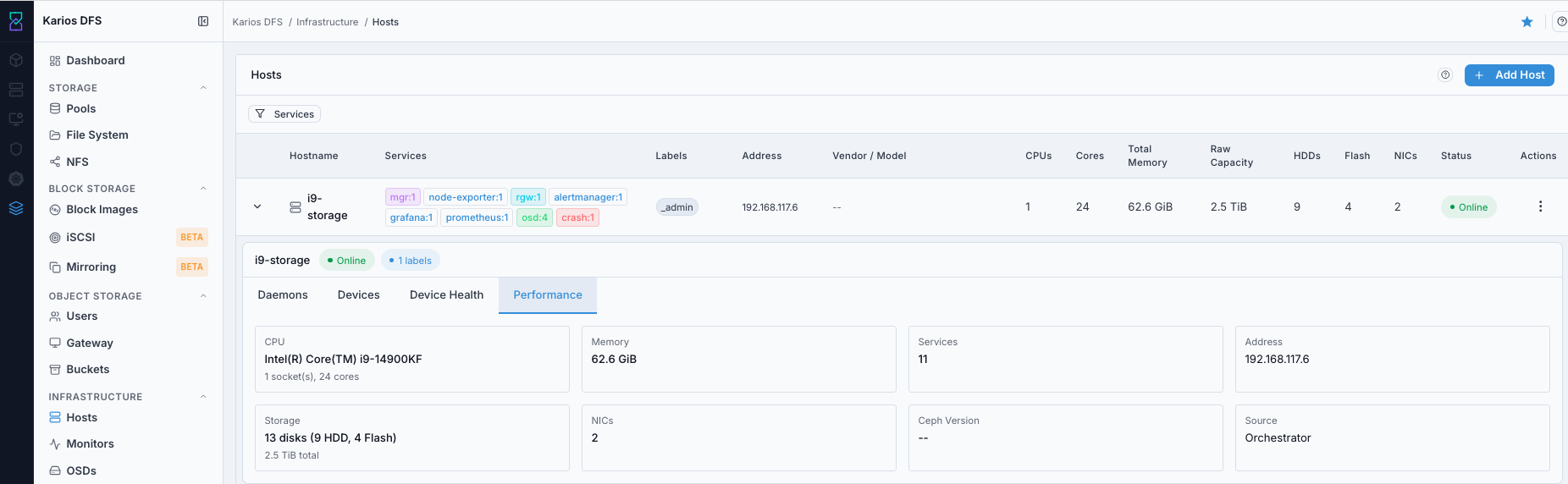 Host expanded row performance tab