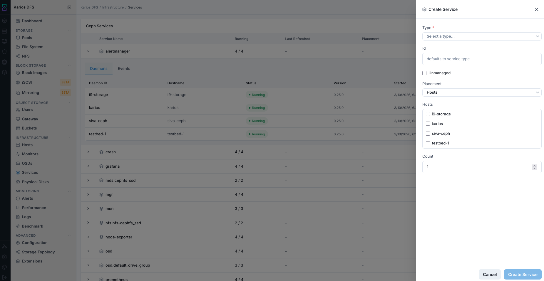 Create Service panel