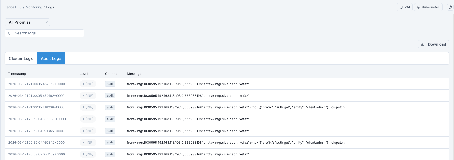 Monitoring logs audit tab