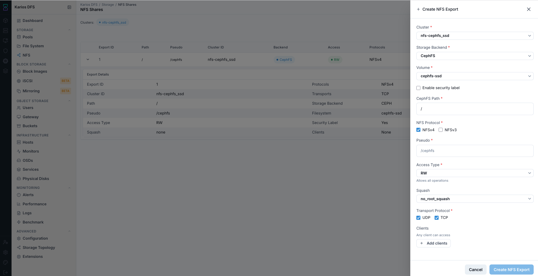 Create NFS Export panel