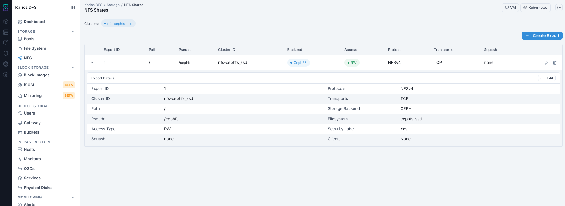 Storage NFS dashboard