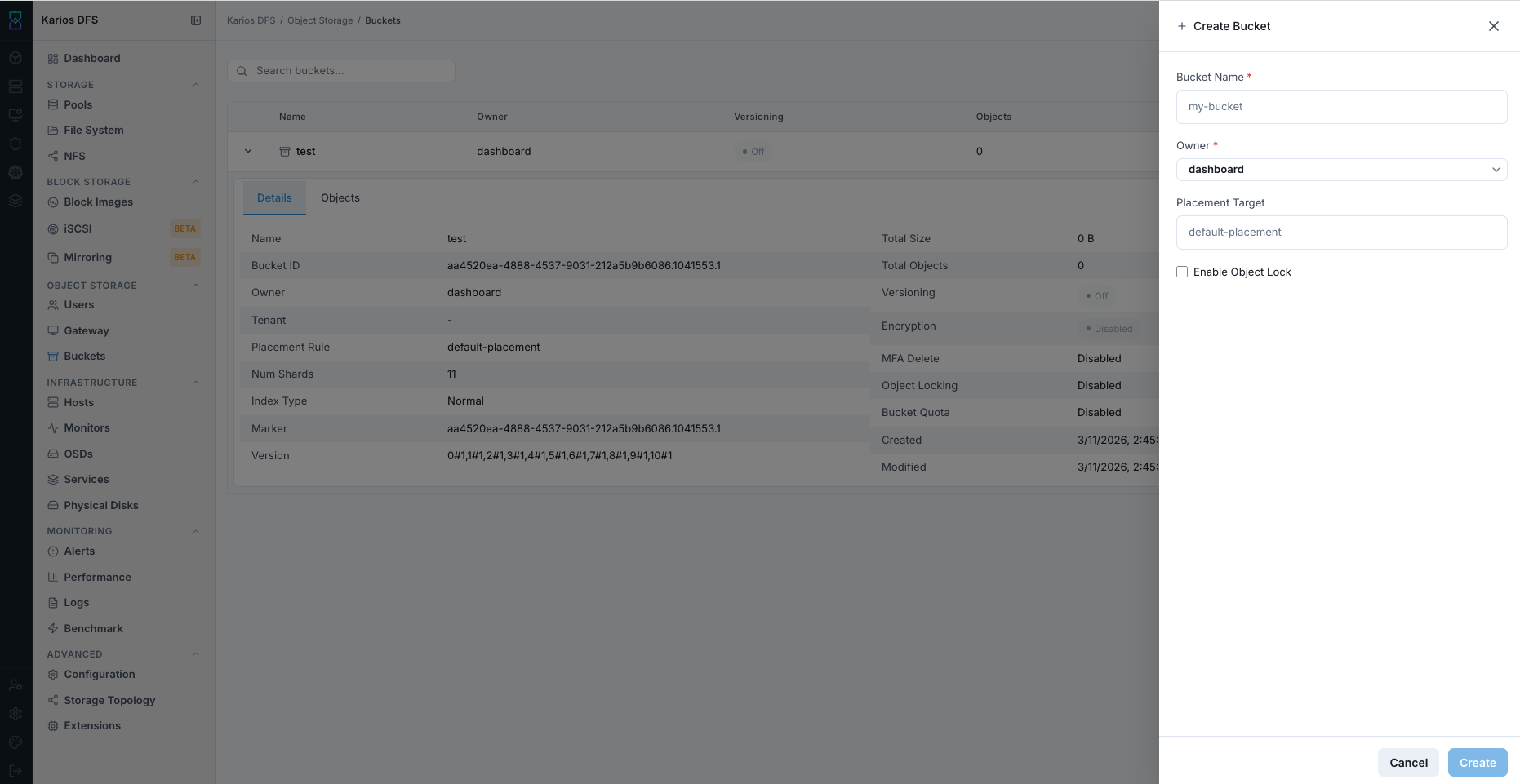 Create Bucket panel on Buckets page