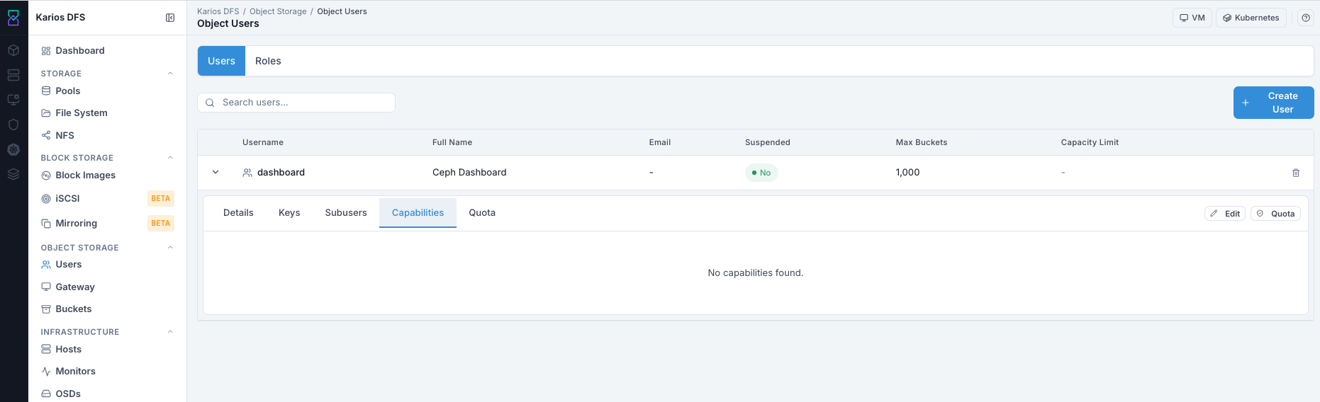 Object Users expanded row capabilities tab empty state