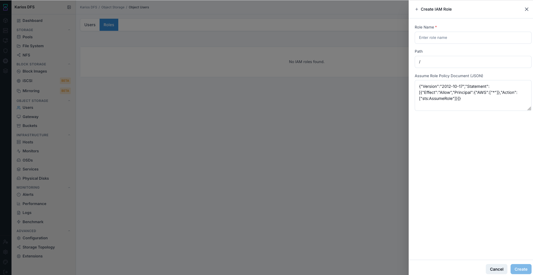Create IAM Role panel in Object Users roles tab