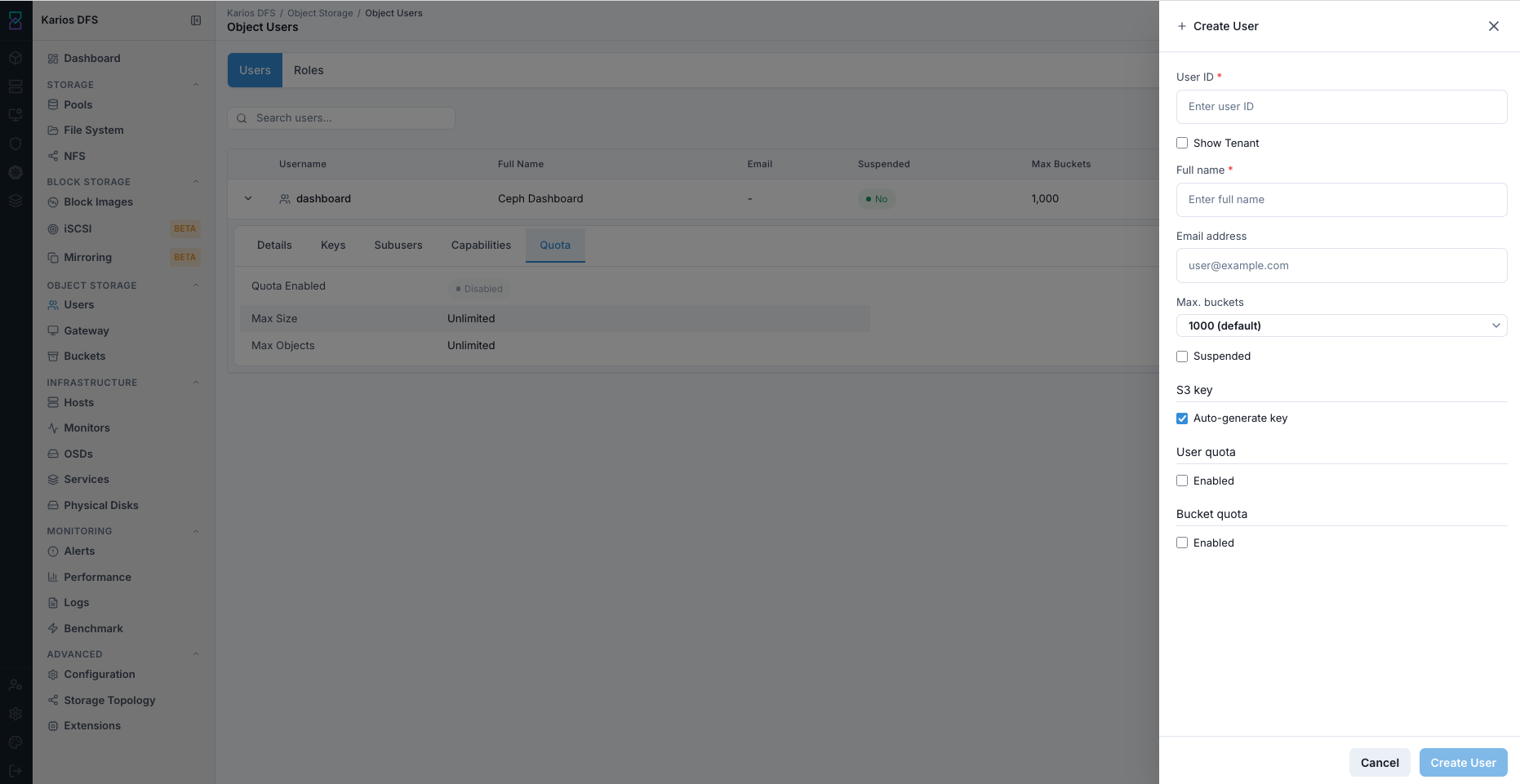 Object Users page with Create User panel