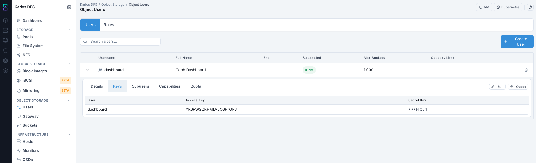 Object Users expanded row keys tab with masked secret