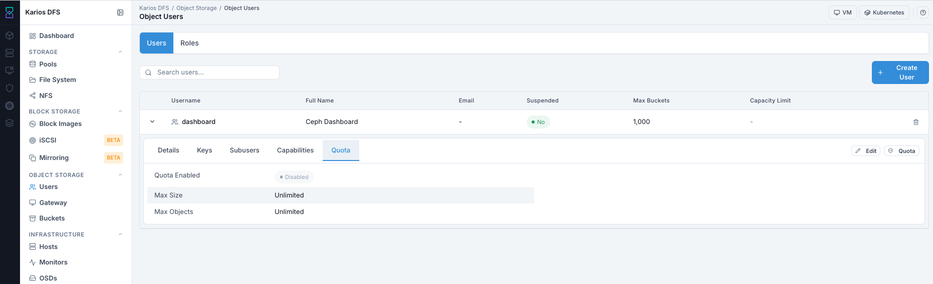 Object Users expanded row quota tab