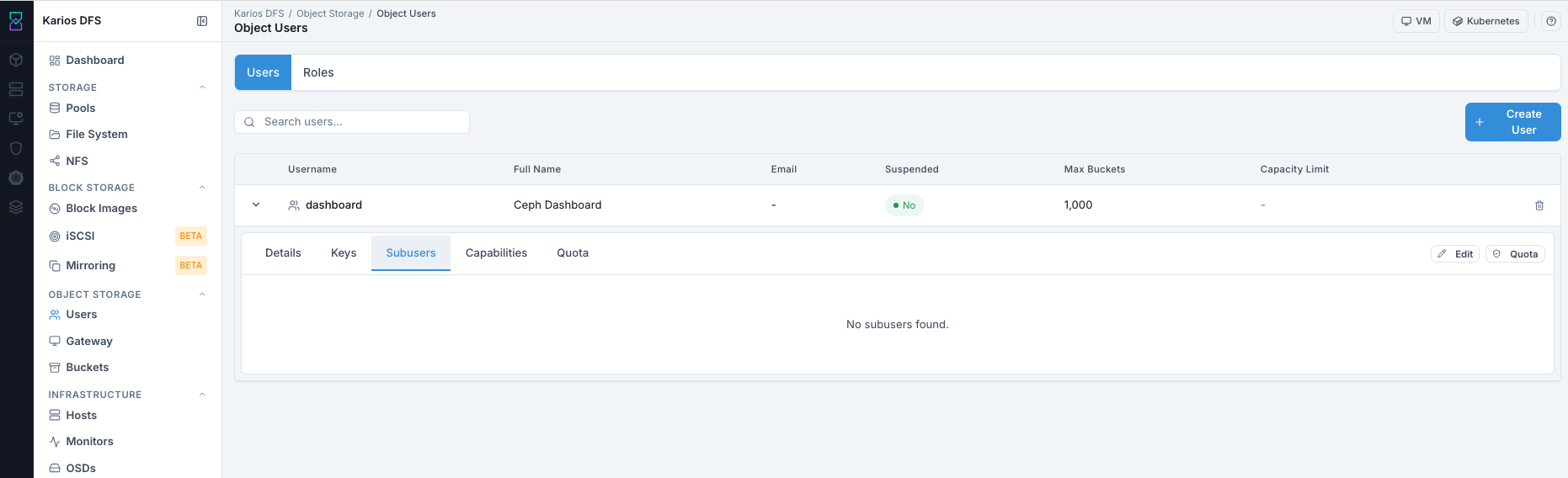 Object Users expanded row subusers tab empty state