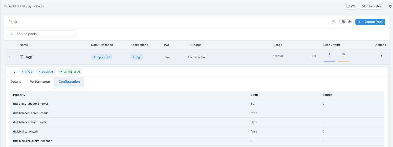 Storage Pools configuration tab